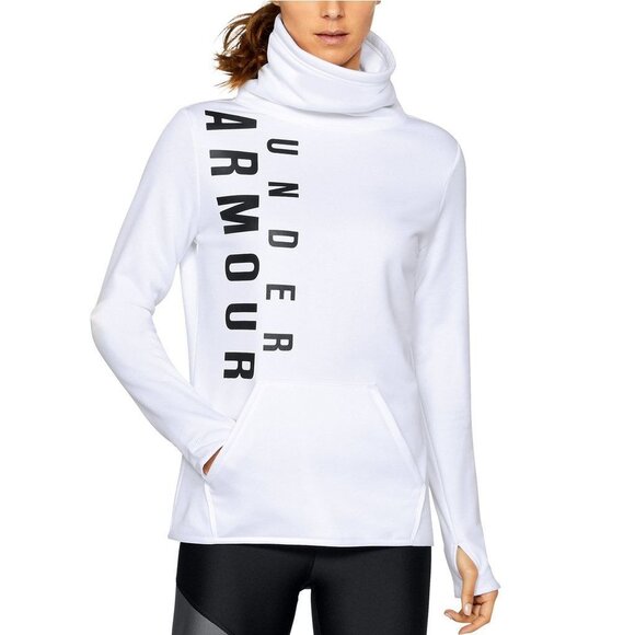 Under Armour Womens ColdGear Funnel Neck Sweatshirt Size L White Graphic Logo - Picture 1 of 4